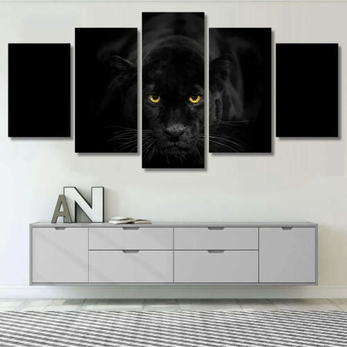 Wild Animal Black Panther and Panther Eyes 5 Piece Panel Canvas